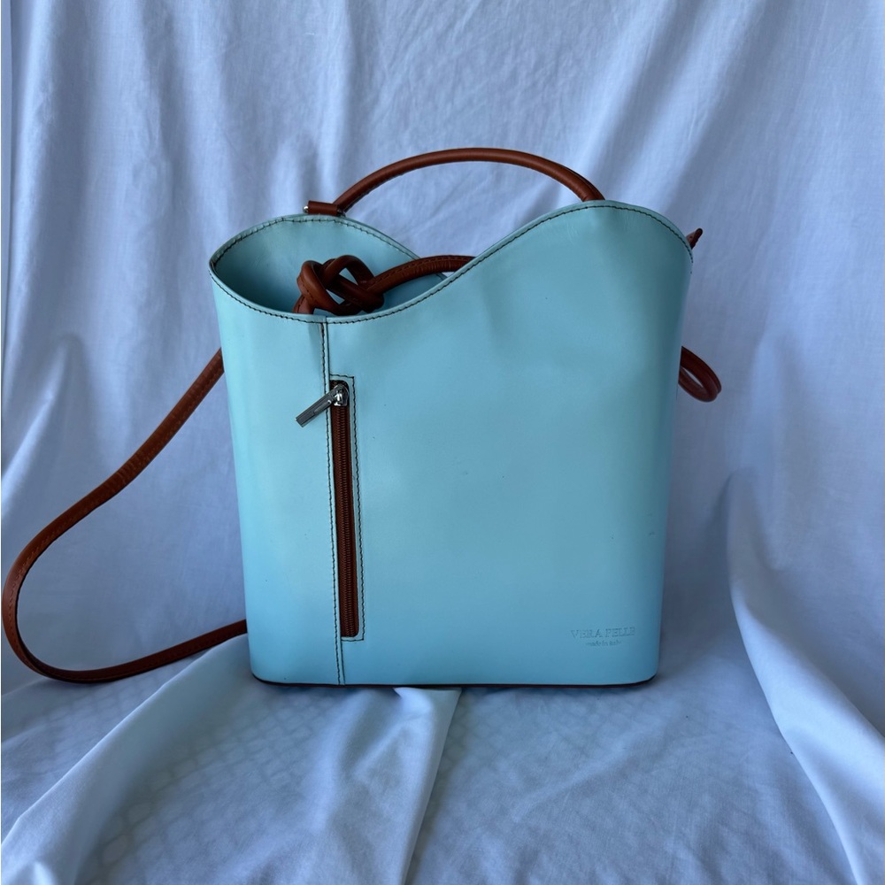 Vera Pelle Vibrant Blue and Brown Bucket Shoulder Bag with Strap